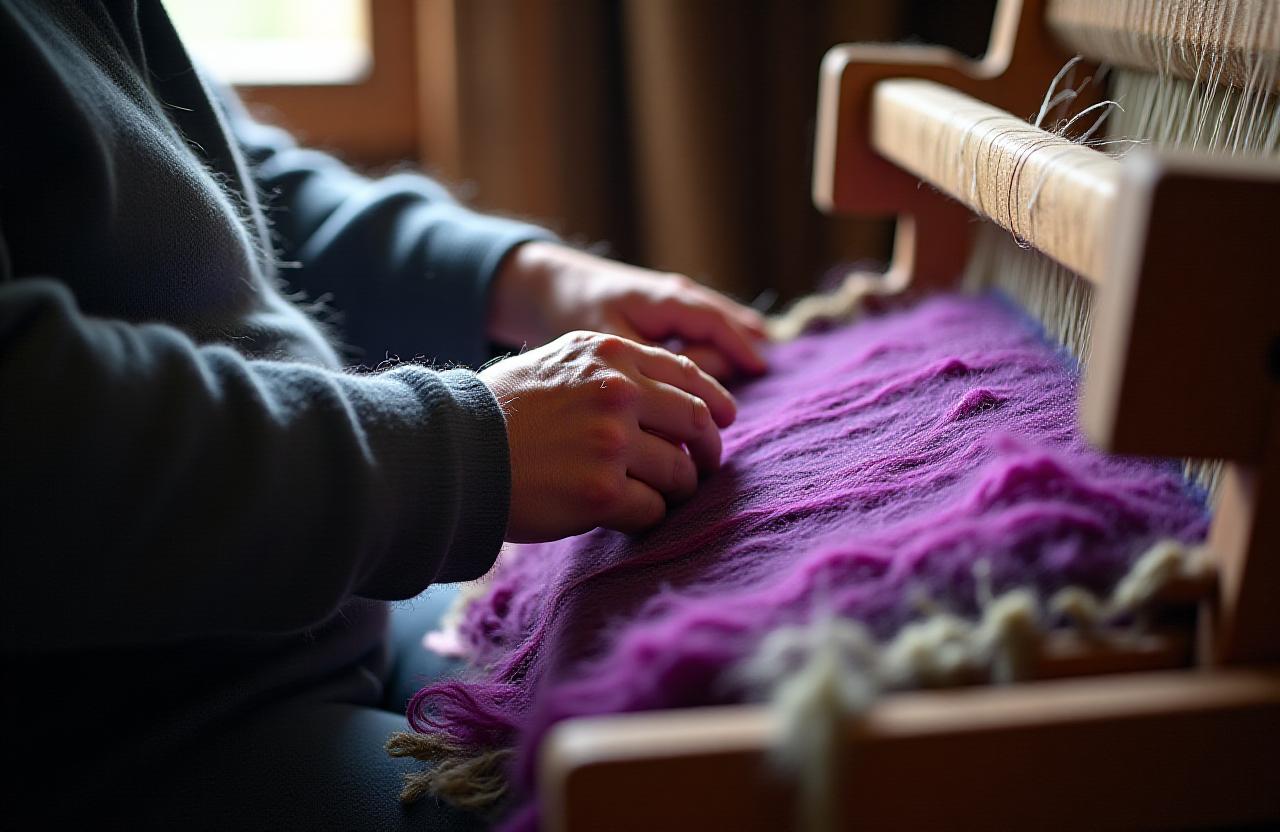 Artisan weaver working on a traditional loom in a rustic Irish workshop